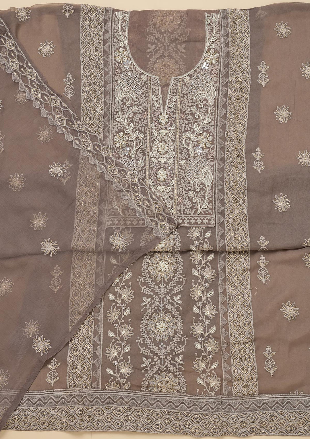 Light Grey Chikankari Georgette Unstitched Salwar Suit-Koskii