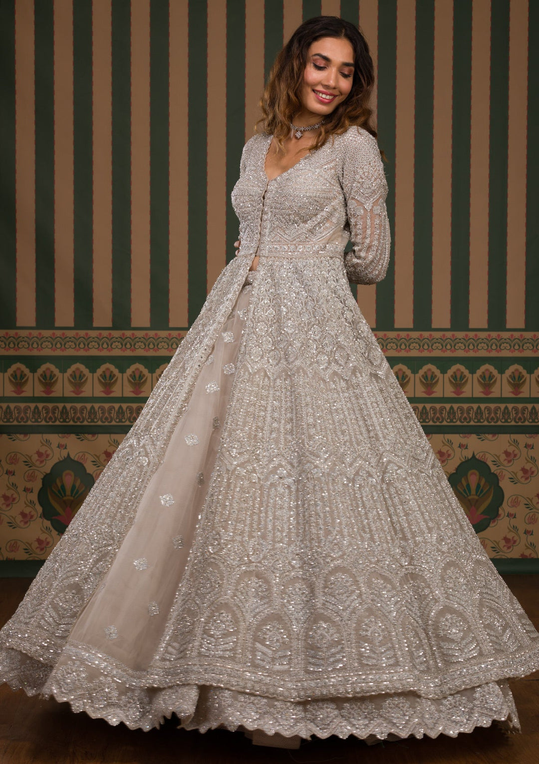 Light Grey Cutdana Net Readymade Lehenga