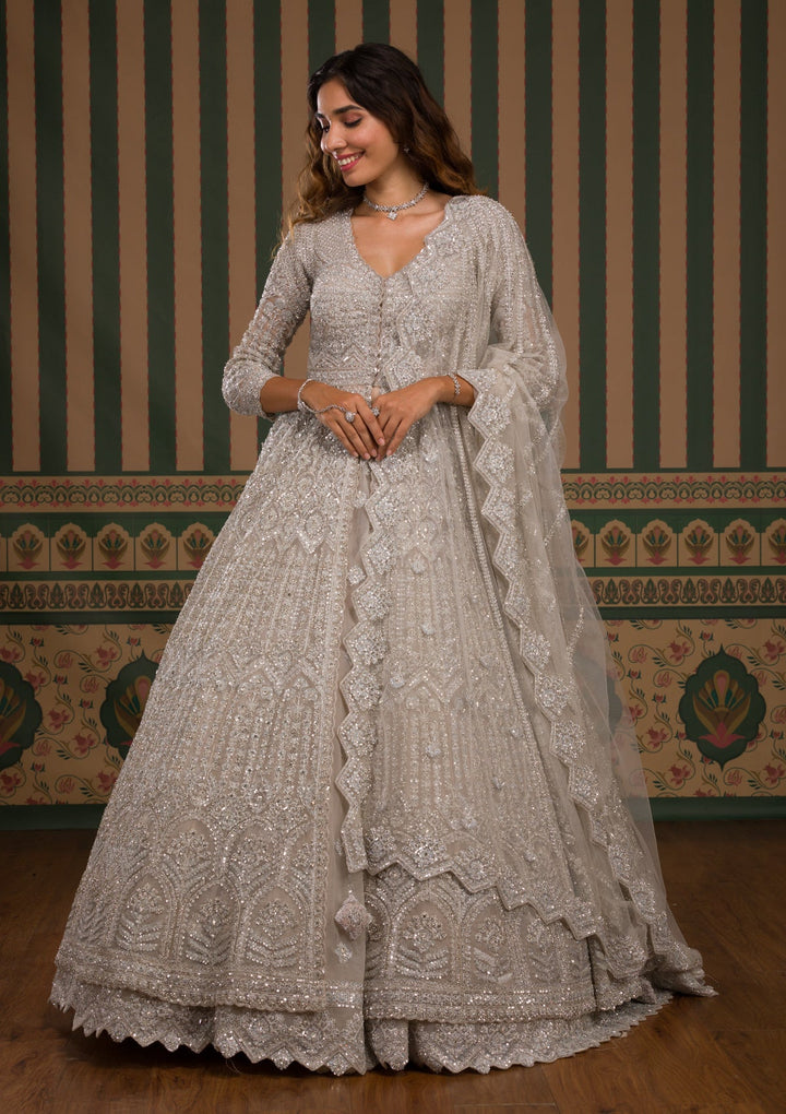 Light Grey Cutdana Net Readymade Lehenga