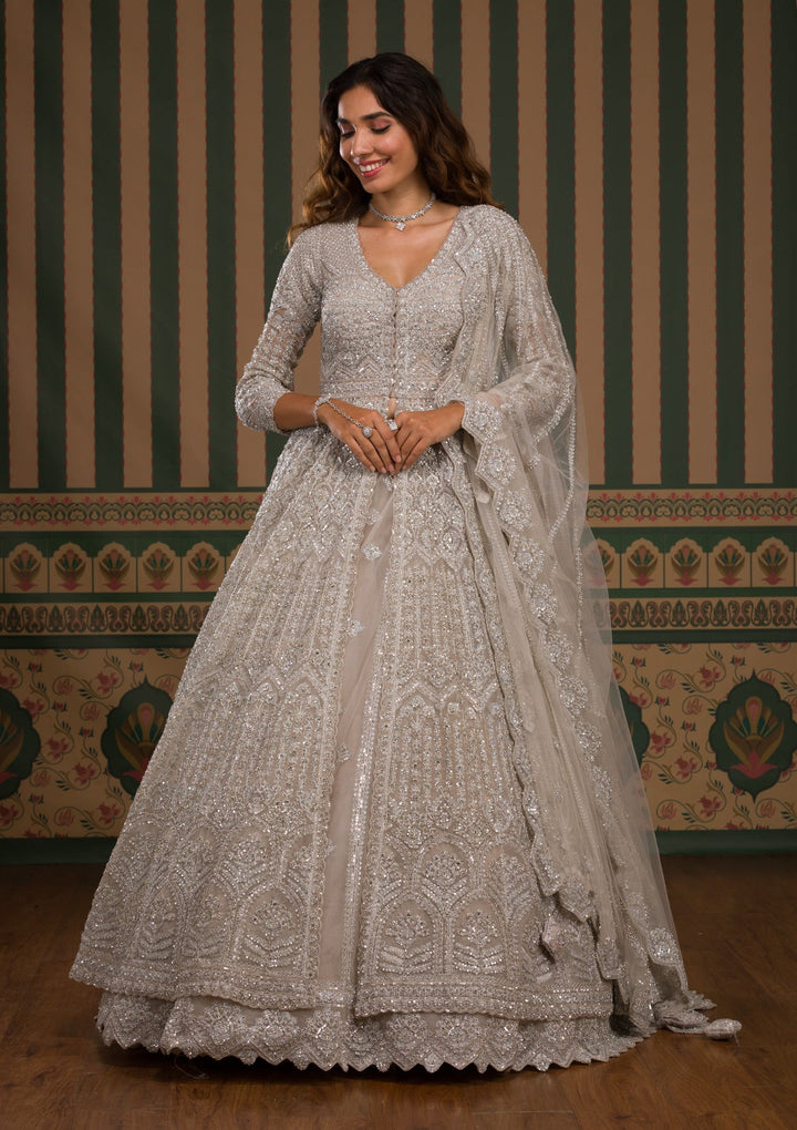 Light Grey Cutdana Net Readymade Lehenga