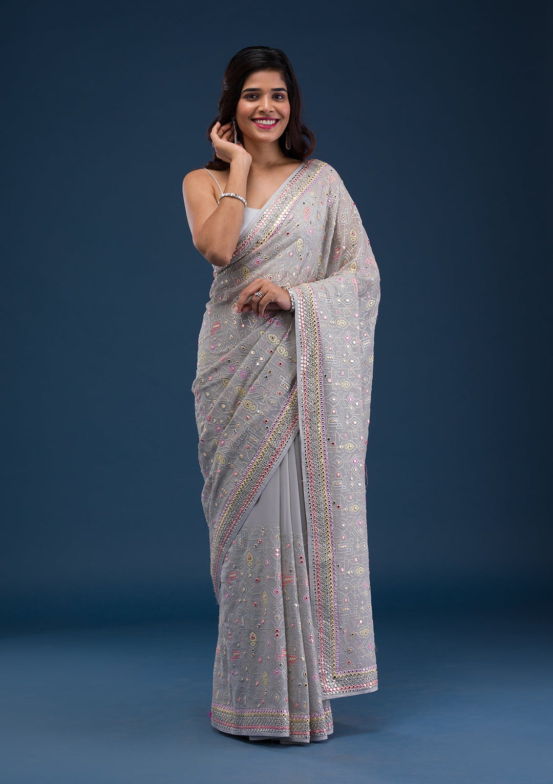 Light Grey Gotapatti Georgette Saree-Koskii