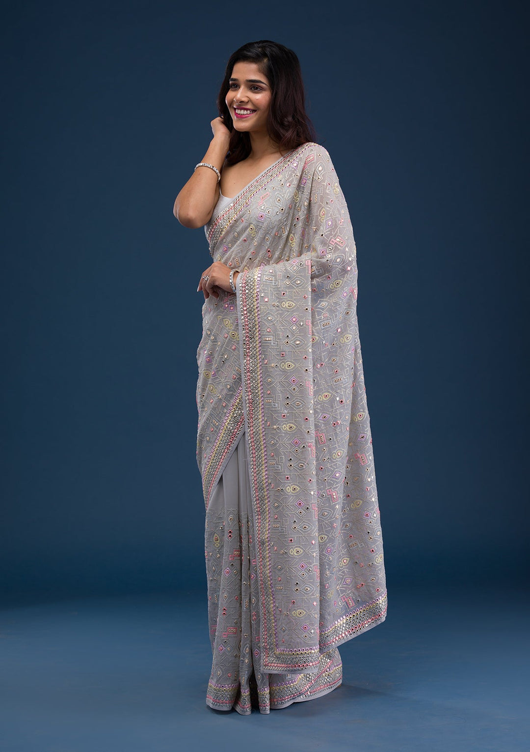 Light Grey Gotapatti Georgette Saree-Koskii