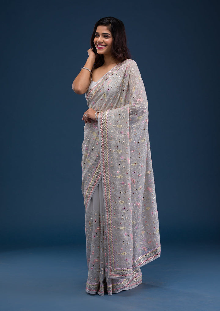 Light Grey Gotapatti Georgette Saree-Koskii
