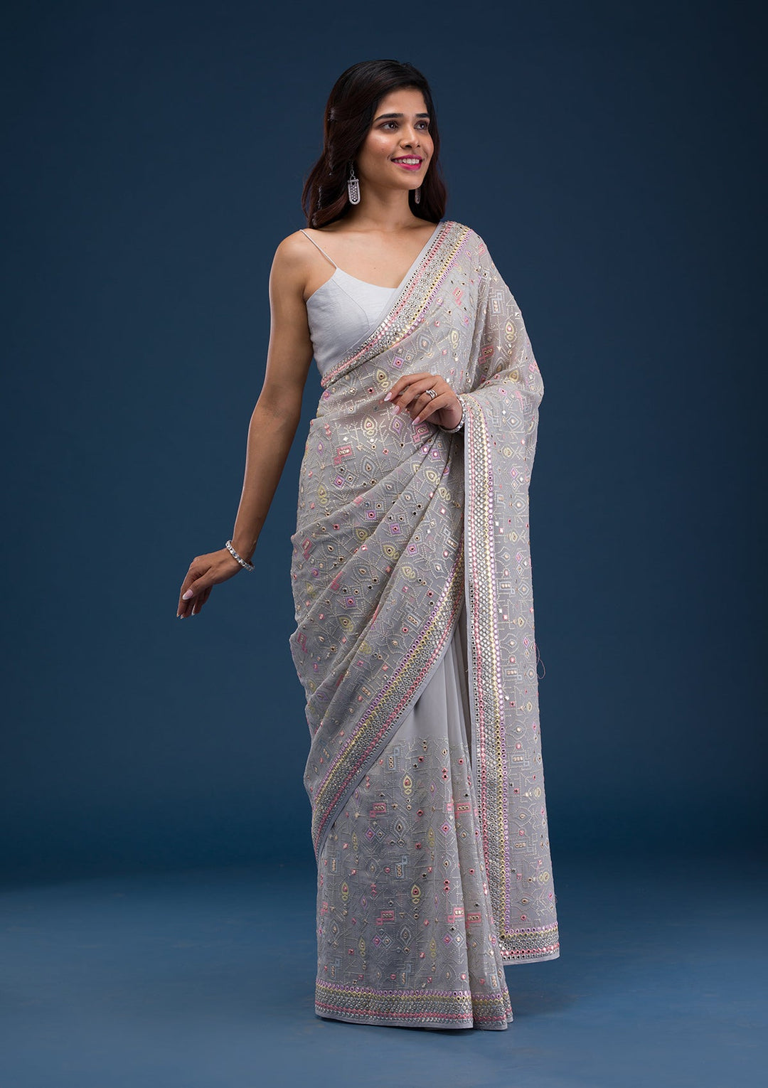 Light Grey Gotapatti Georgette Saree-Koskii