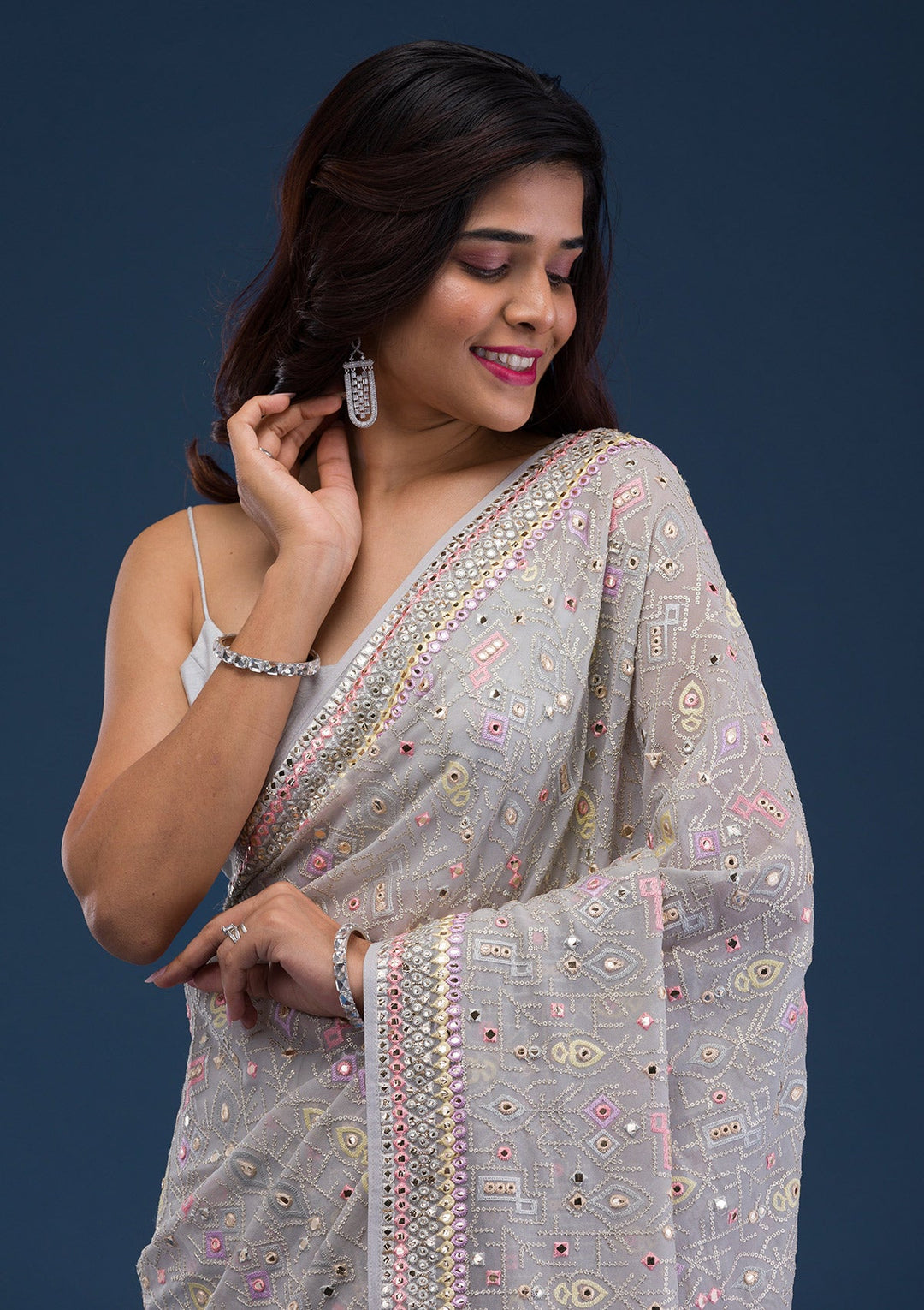 Light Grey Gotapatti Georgette Saree-Koskii