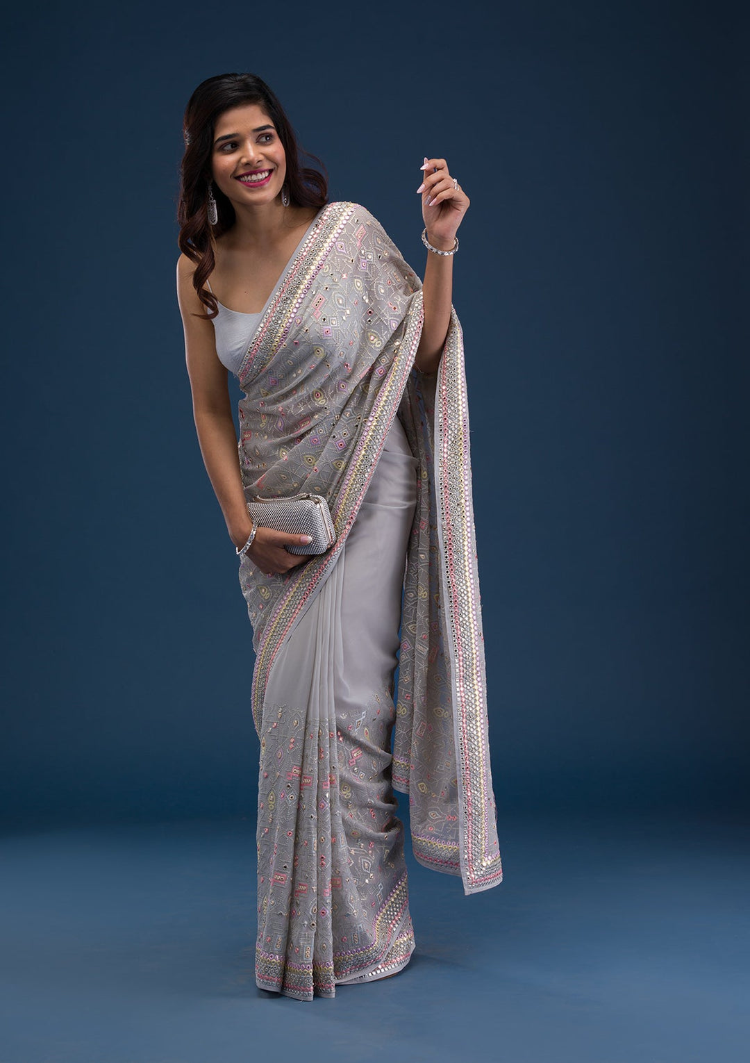 Light Grey Gotapatti Georgette Saree-Koskii