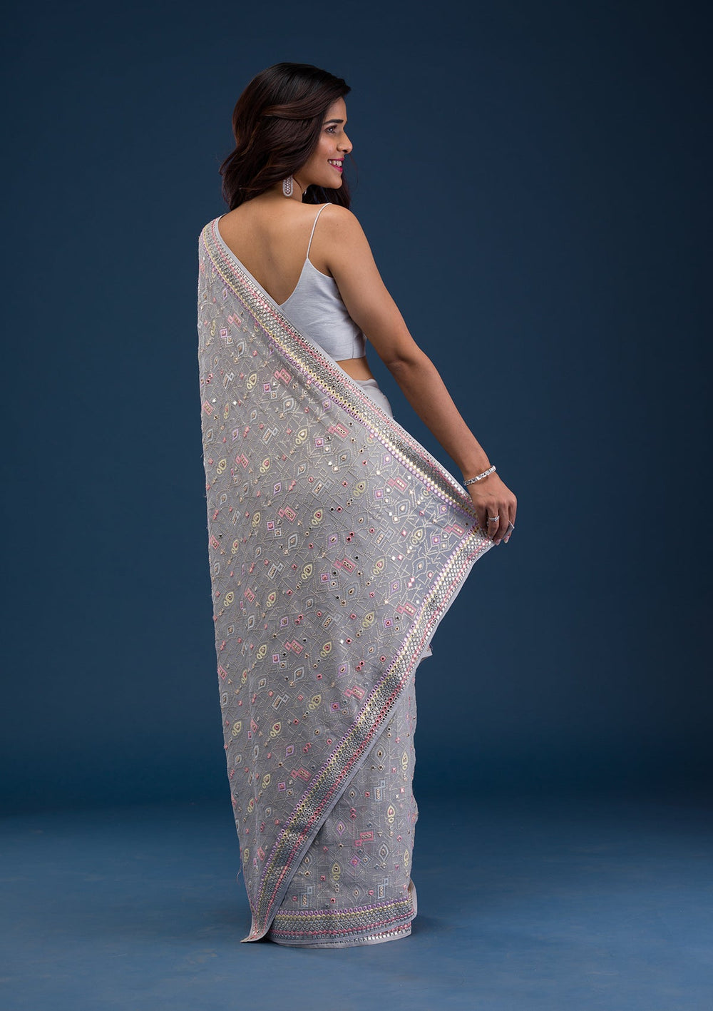 Light Grey Gotapatti Georgette Saree-Koskii