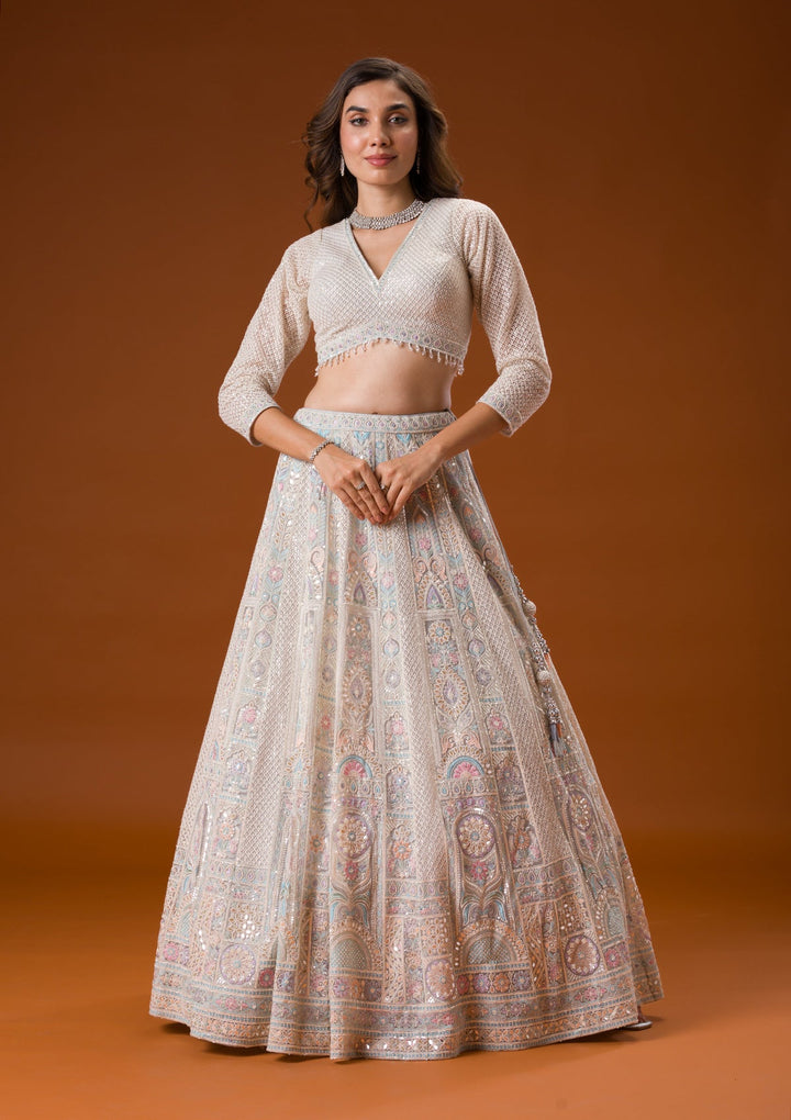 Light Grey Gotapatti Net Readymade Lehenga-Koskii