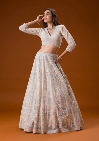 Light Grey Gotapatti Net Readymade Lehenga-Koskii