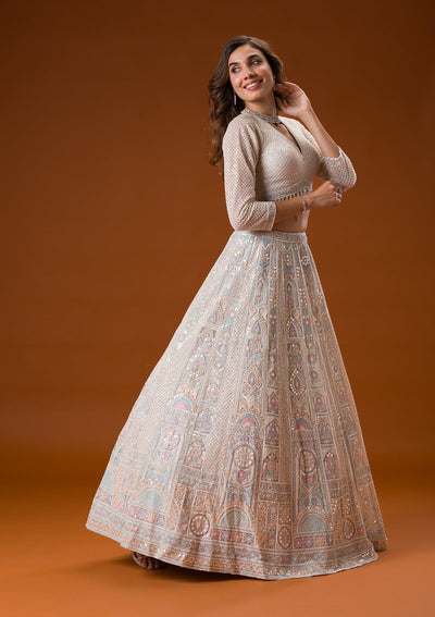 Light Grey Gotapatti Net Readymade Lehenga-Koskii