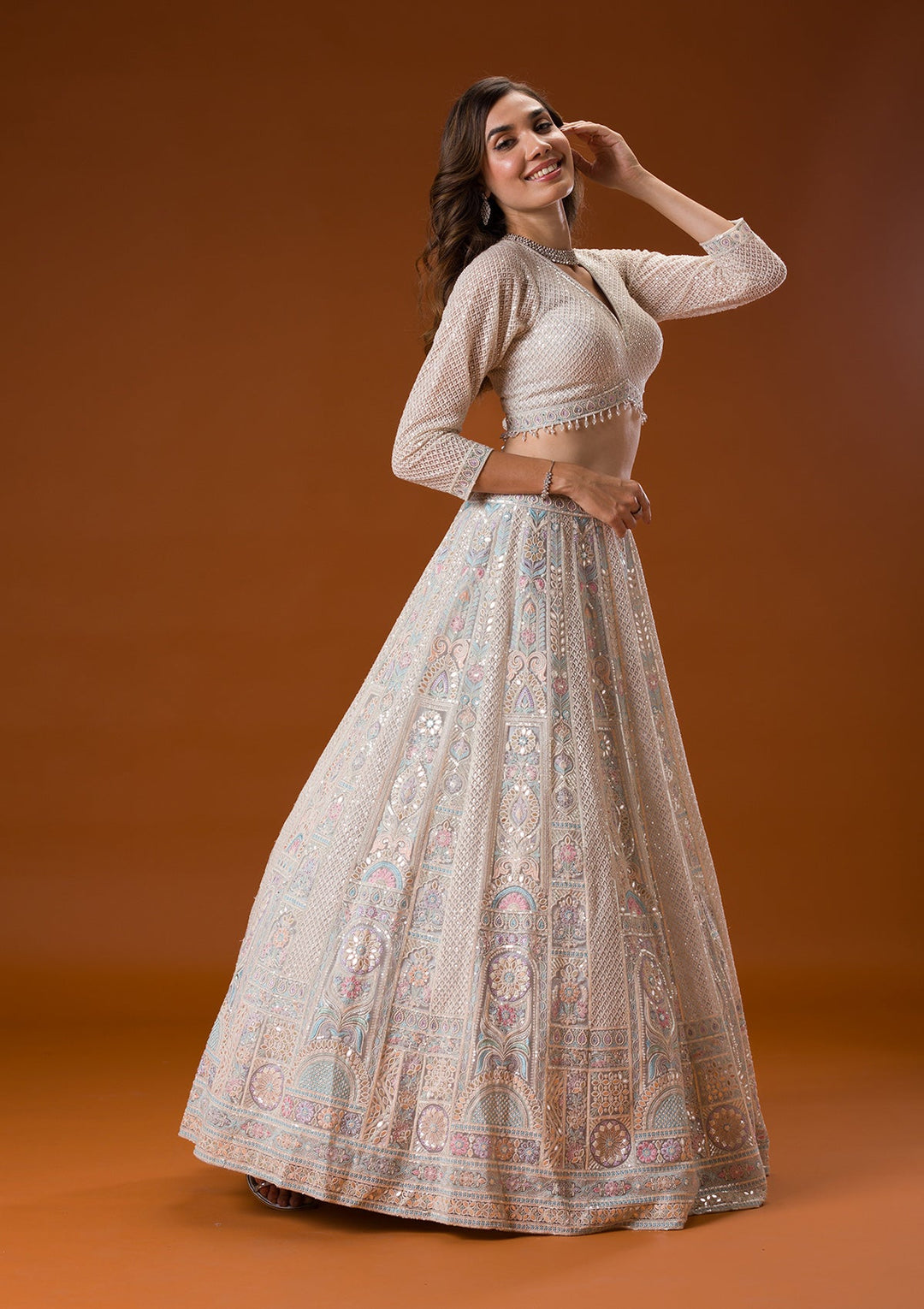 Light Grey Gotapatti Net Readymade Lehenga-Koskii
