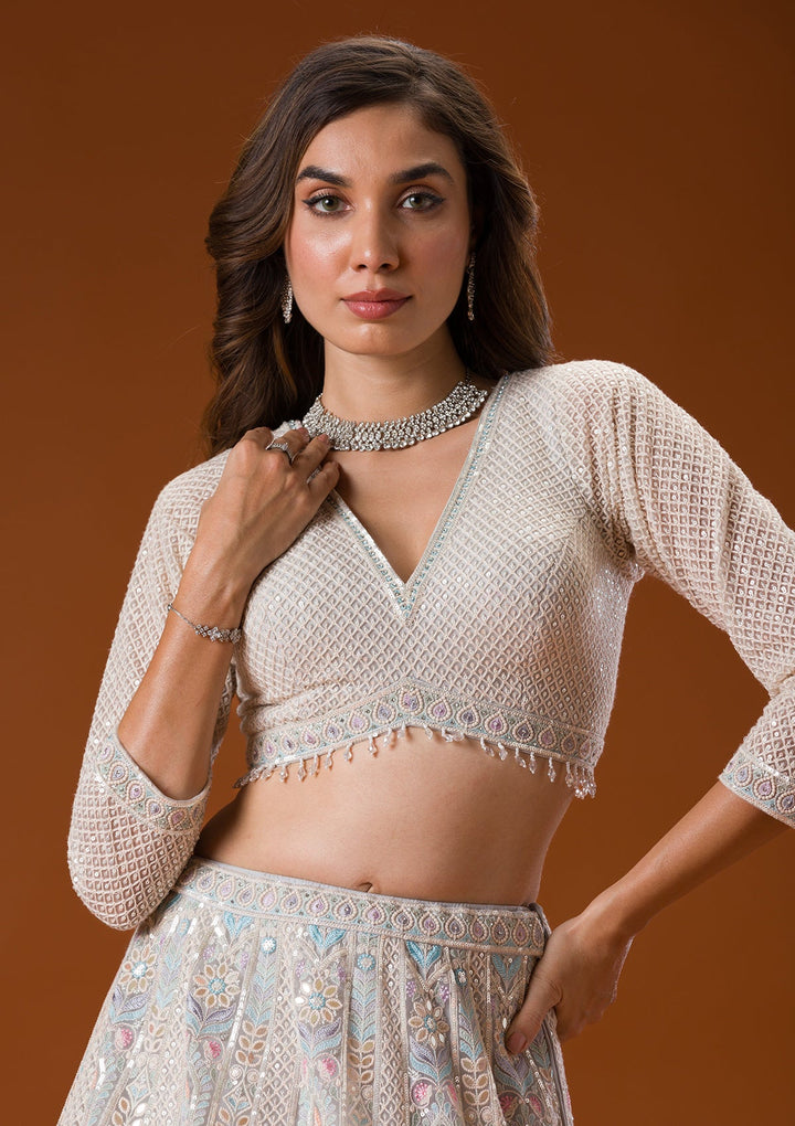 Light Grey Gotapatti Net Readymade Lehenga-Koskii