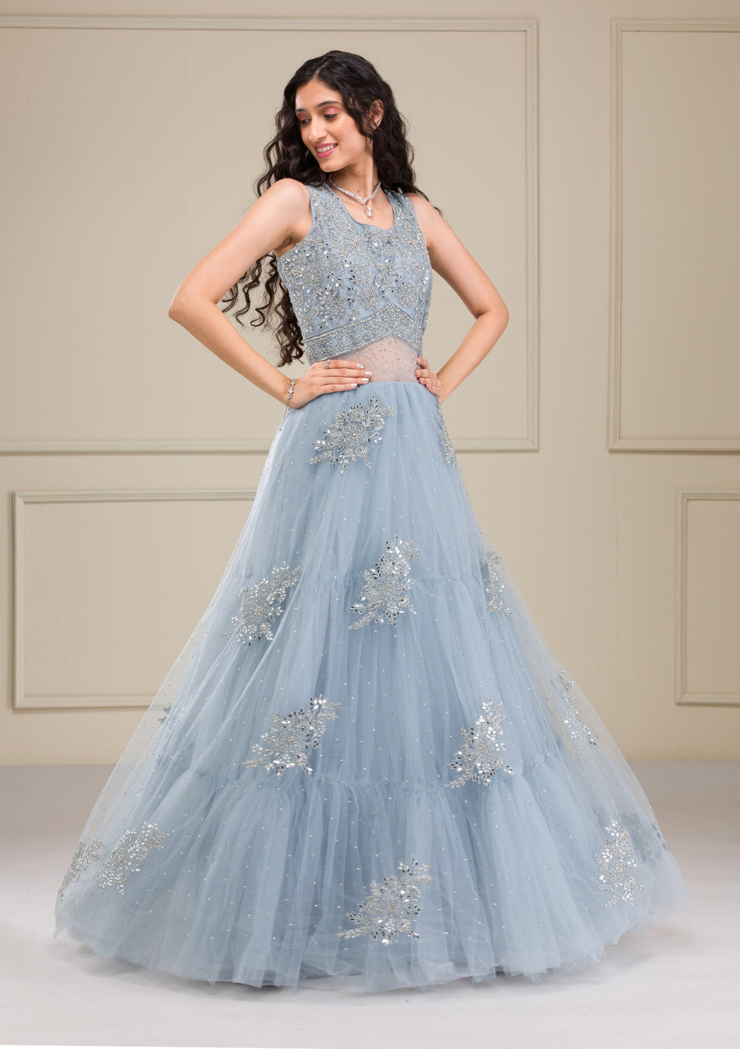 Light Grey Mirrorwork Net Gown-Koskii
