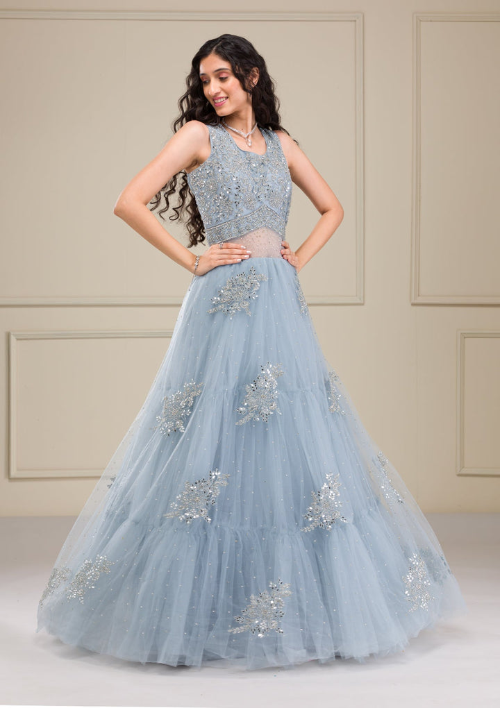 Light Grey Mirrorwork Net Gown-Koskii