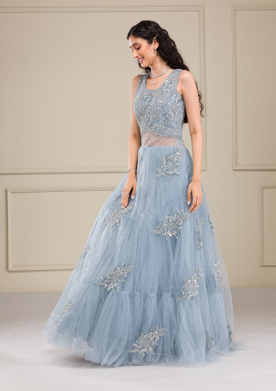 Light Grey Mirrorwork Net Gown-Koskii