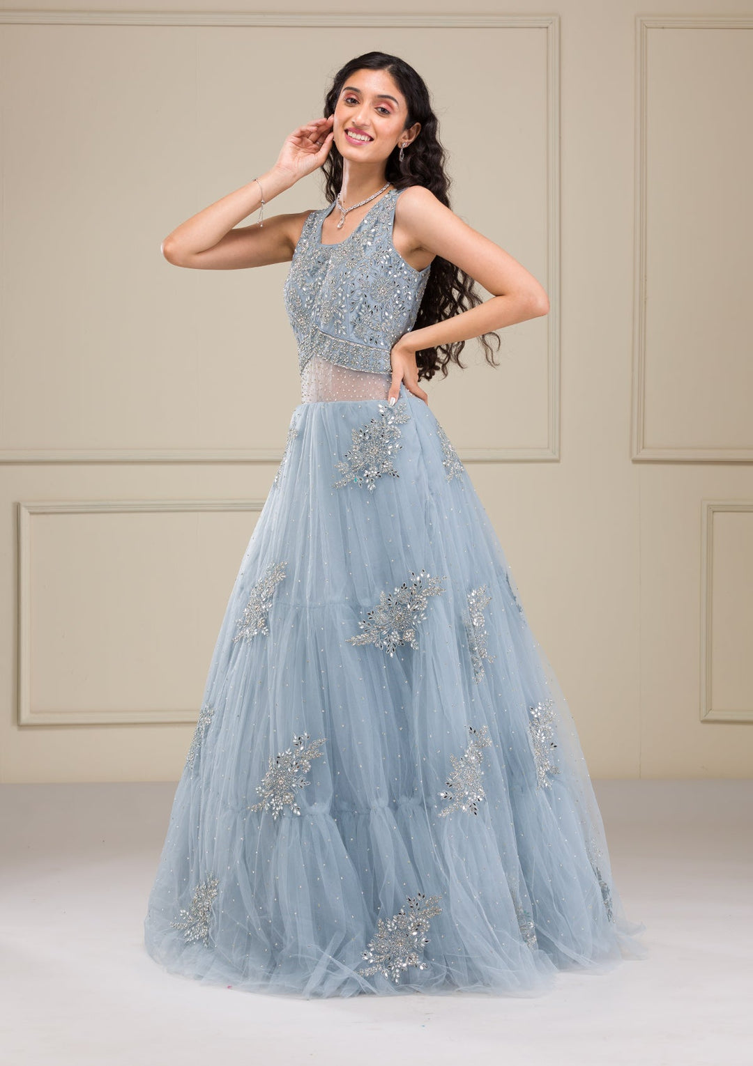 Light Grey Mirrorwork Net Gown-Koskii