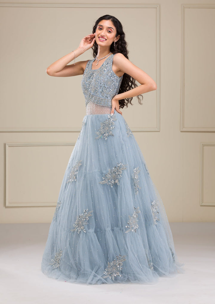 Light Grey Mirrorwork Net Gown-Koskii