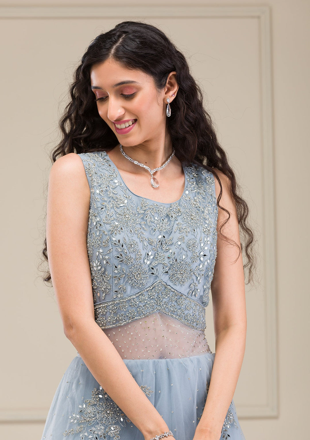 Light Grey Mirrorwork Net Gown-Koskii