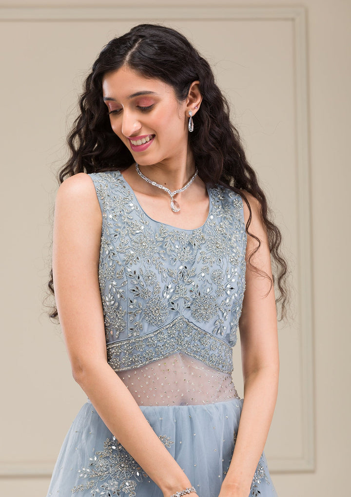 Light Grey Mirrorwork Net Gown-Koskii