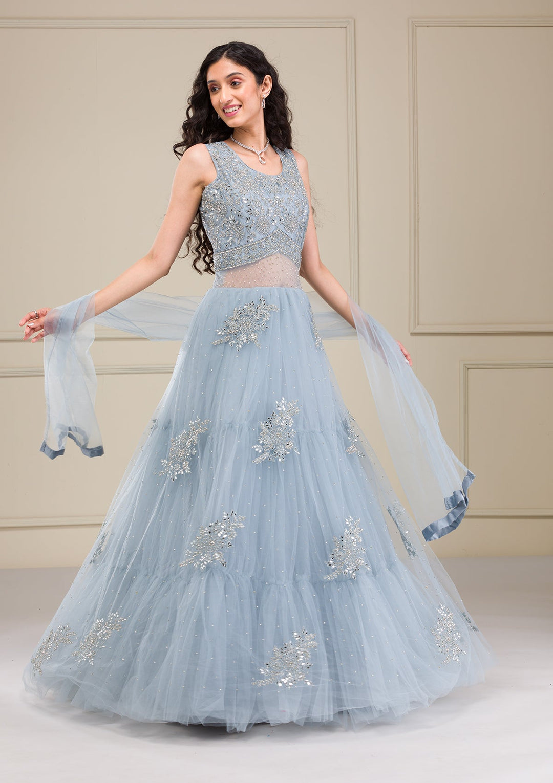 Light Grey Mirrorwork Net Gown-Koskii