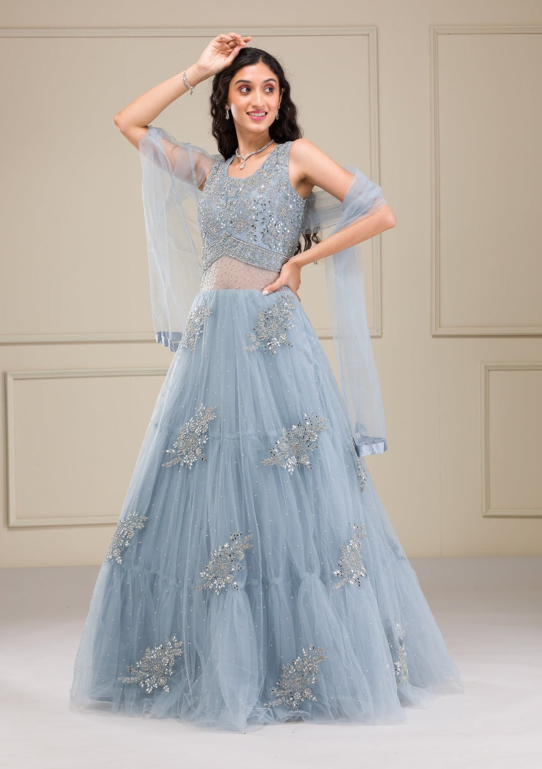 Light Grey Mirrorwork Net Gown-Koskii