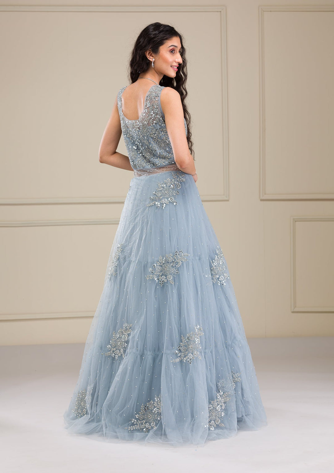 Light Grey Mirrorwork Net Gown-Koskii