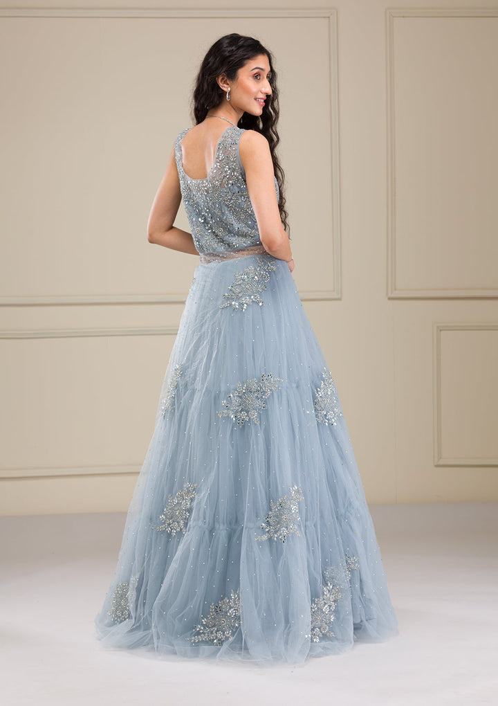 Light Grey Mirrorwork Net Gown-Koskii