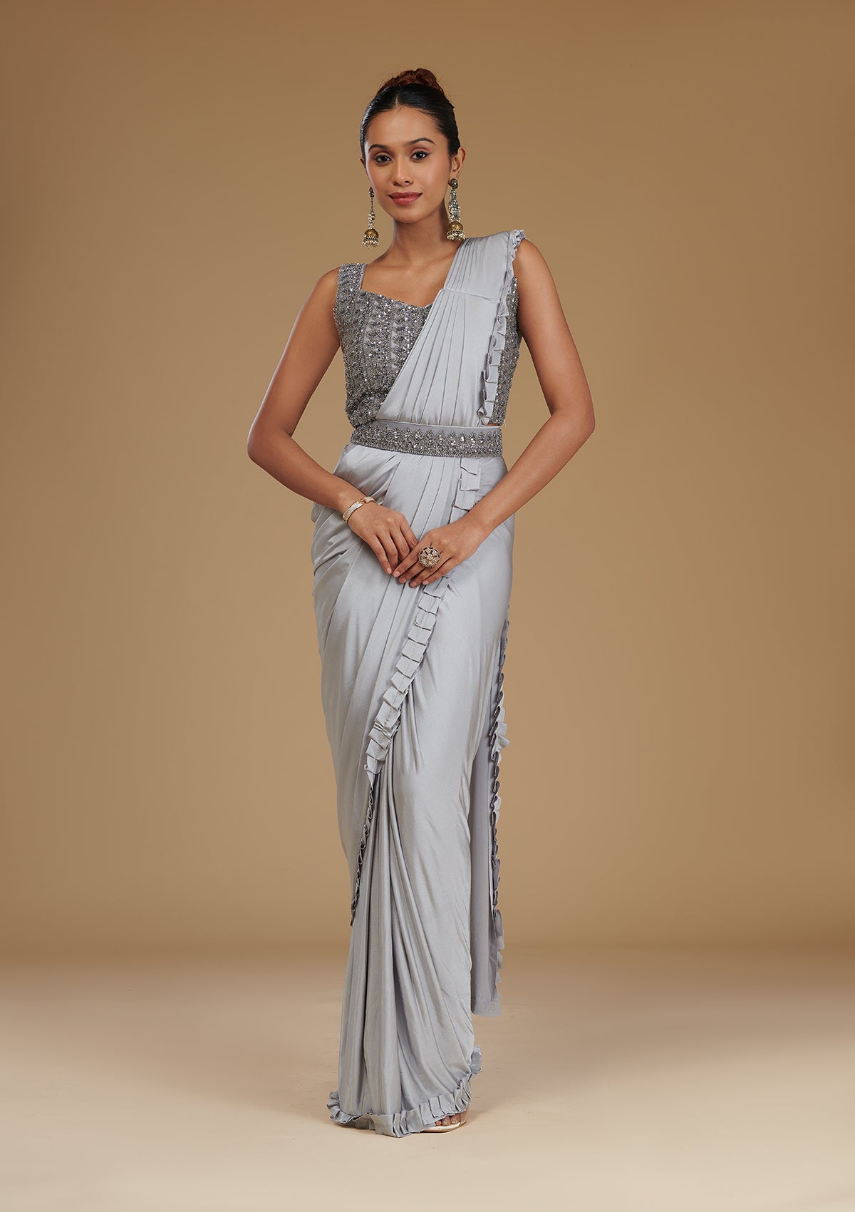 Light Grey Pearlwork Satin Readymade Saree-Koskii