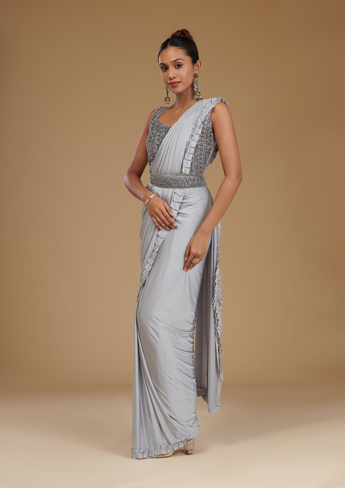 Light Grey Pearlwork Satin Readymade Saree-Koskii