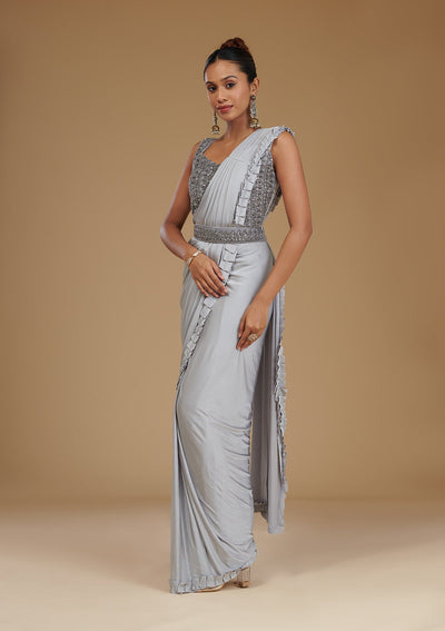 Light Grey Pearlwork Satin Readymade Saree-Koskii