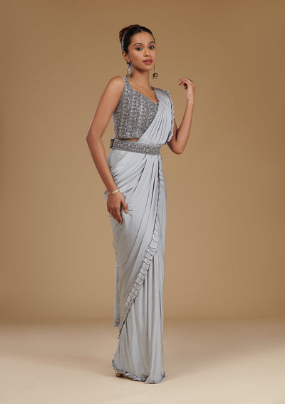 Light Grey Pearlwork Satin Readymade Saree-Koskii