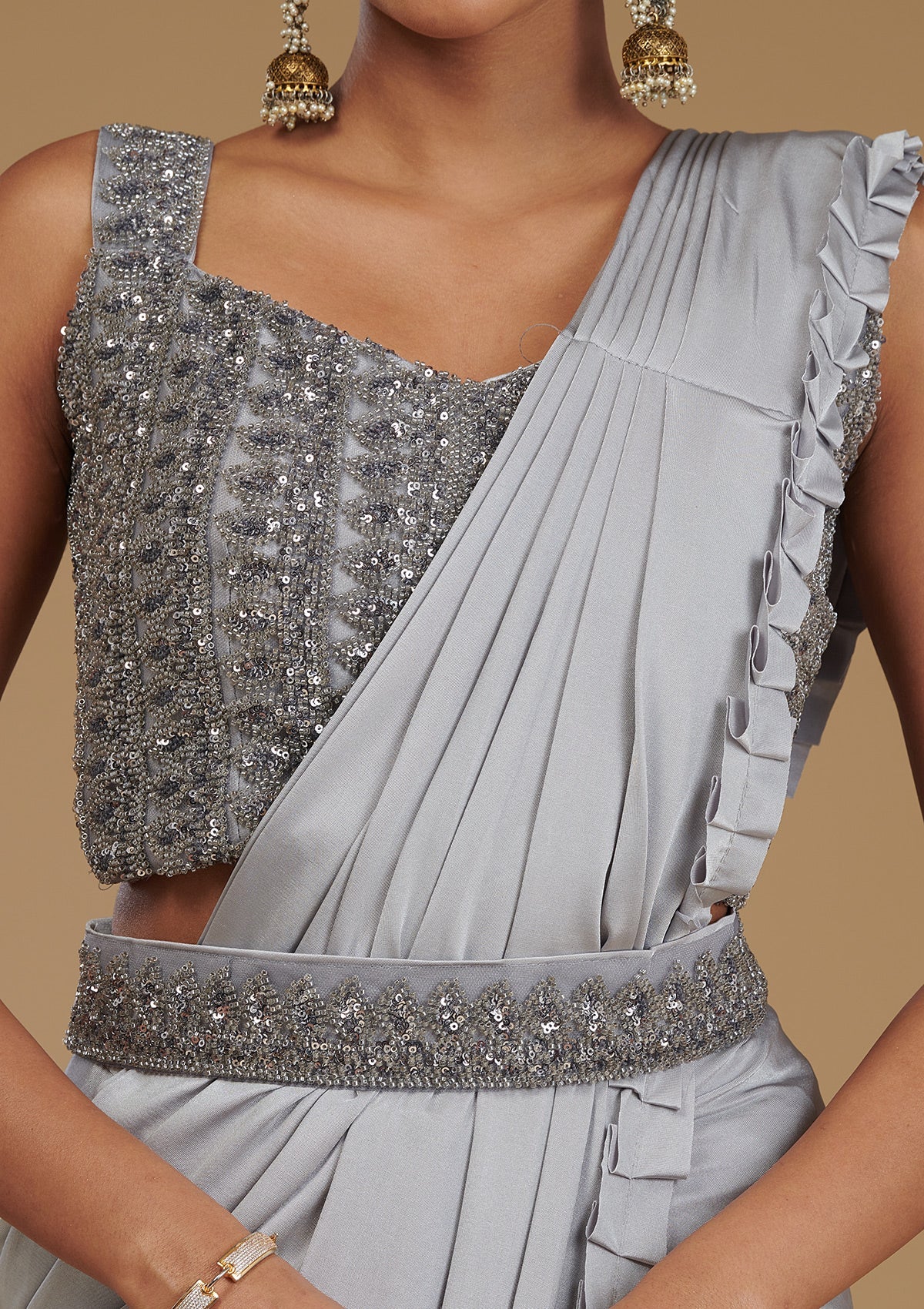 Light Grey Pearlwork Satin Readymade Saree-Koskii