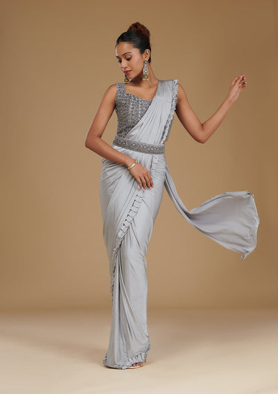 Light Grey Pearlwork Satin Readymade Saree-Koskii