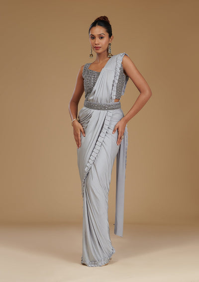 Light Grey Pearlwork Satin Readymade Saree-Koskii