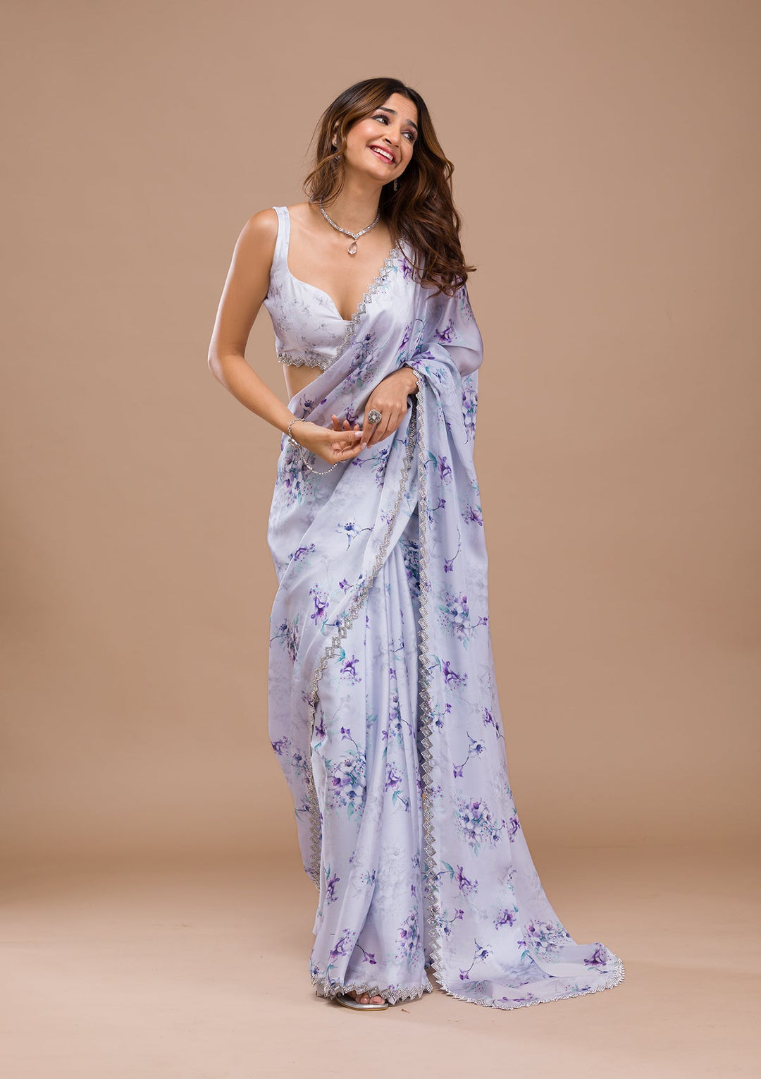 Light Grey Printed Satin Saree-Koskii