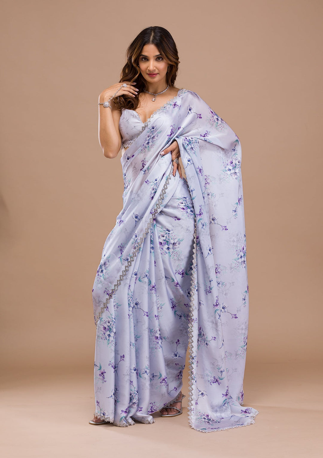 Light Grey Printed Satin Saree-Koskii