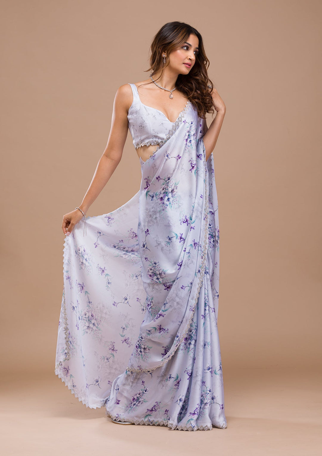 Light Grey Printed Satin Saree-Koskii