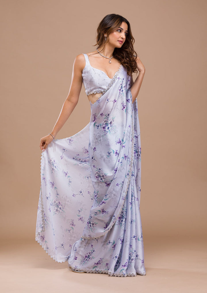 Light Grey Printed Satin Saree-Koskii