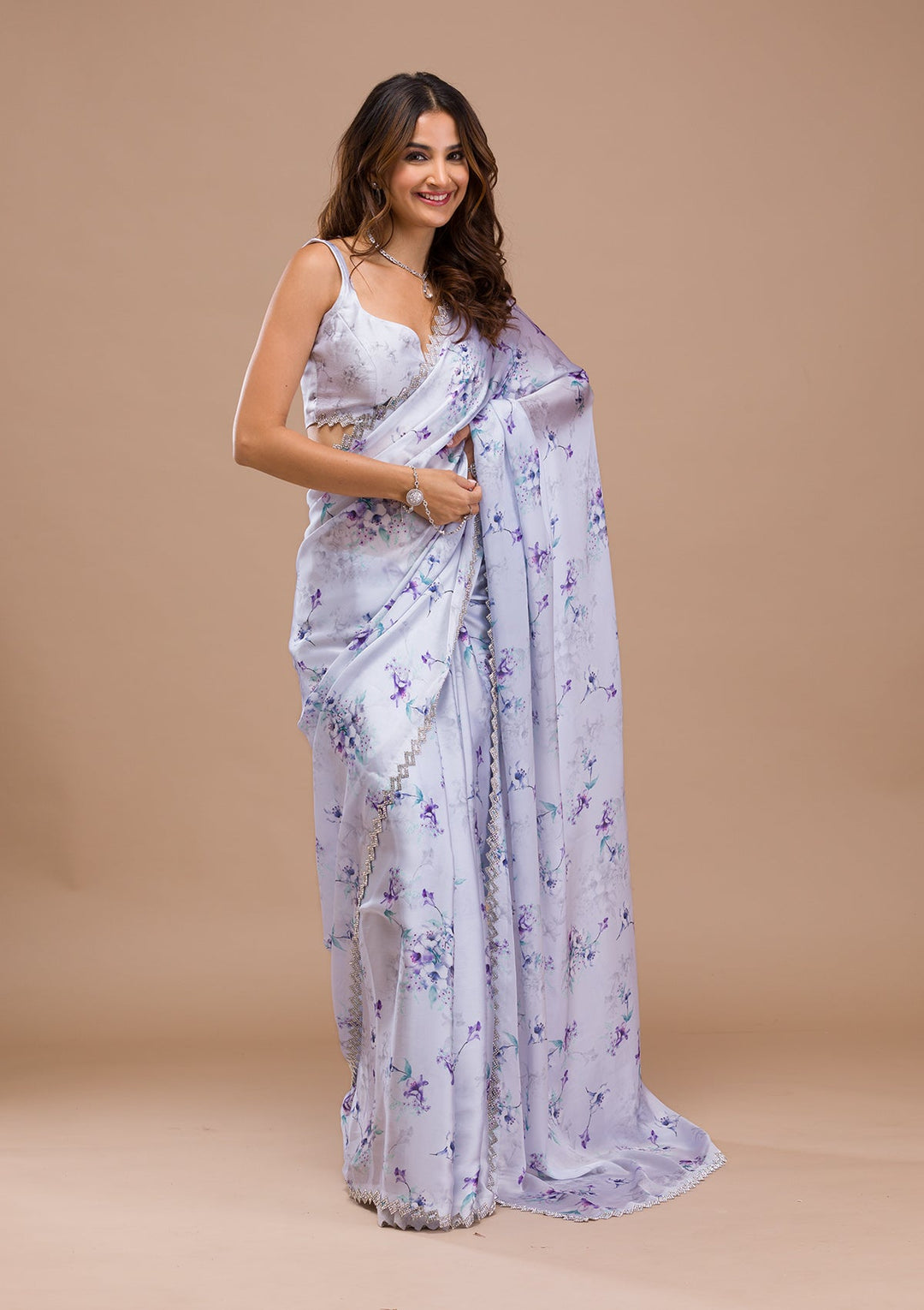 Light Grey Printed Satin Saree-Koskii