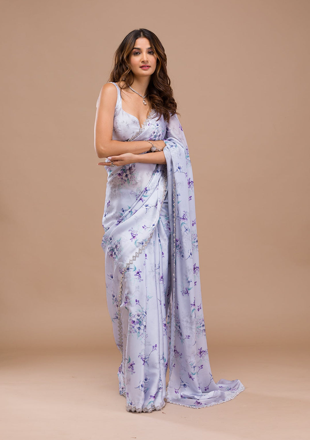Light Grey Printed Satin Saree-Koskii