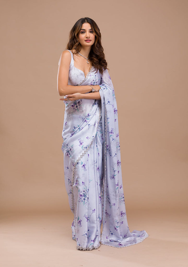 Light Grey Printed Satin Saree-Koskii