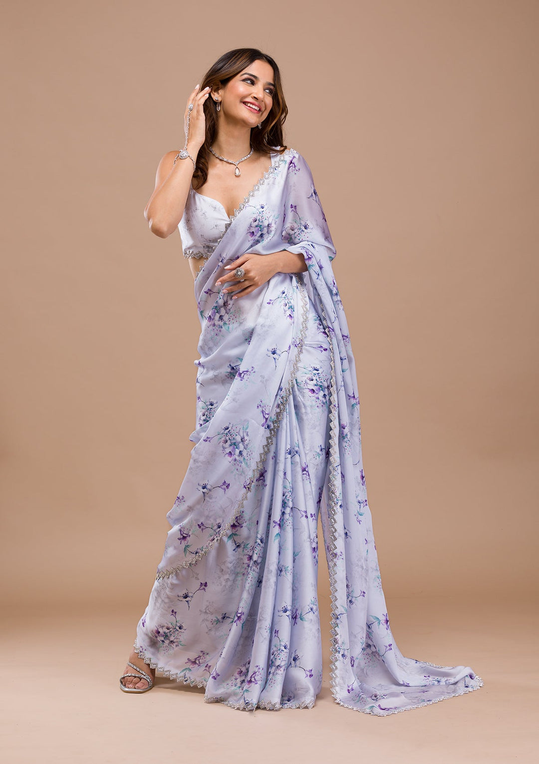 Light Grey Printed Satin Saree-Koskii
