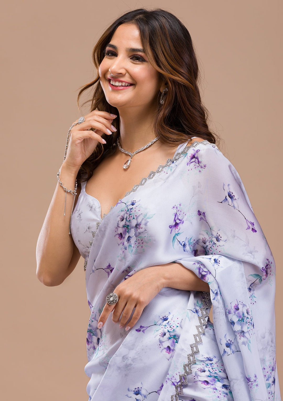 Light Grey Printed Satin Saree-Koskii