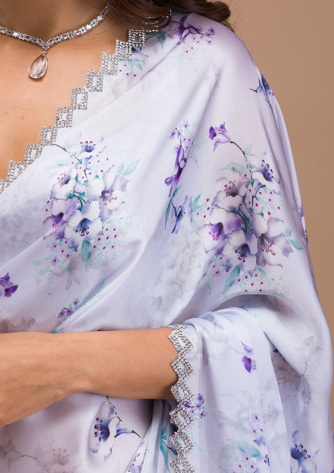 Light Grey Printed Satin Saree-Koskii