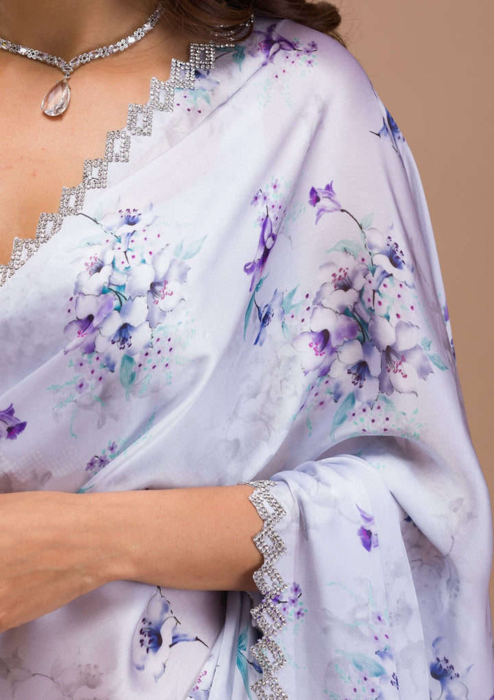 Light Grey Printed Satin Saree-Koskii