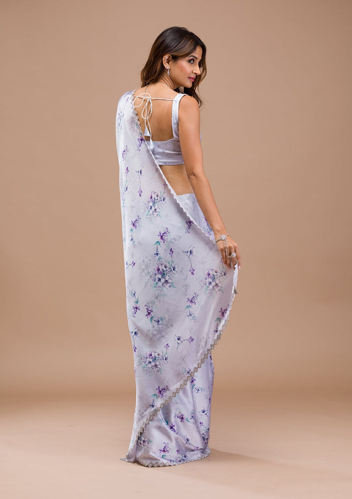Light Grey Printed Satin Saree-Koskii