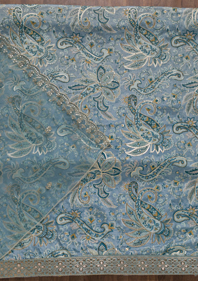 Light Grey Printed Semi Crepe Unstitched Salwar Suit-Koskii