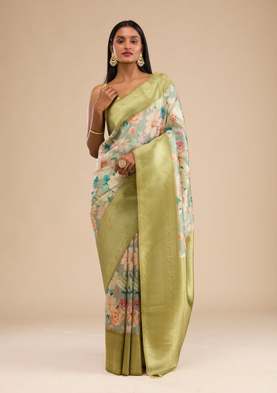 Light Grey Printed Soft Silk Saree-Koskii