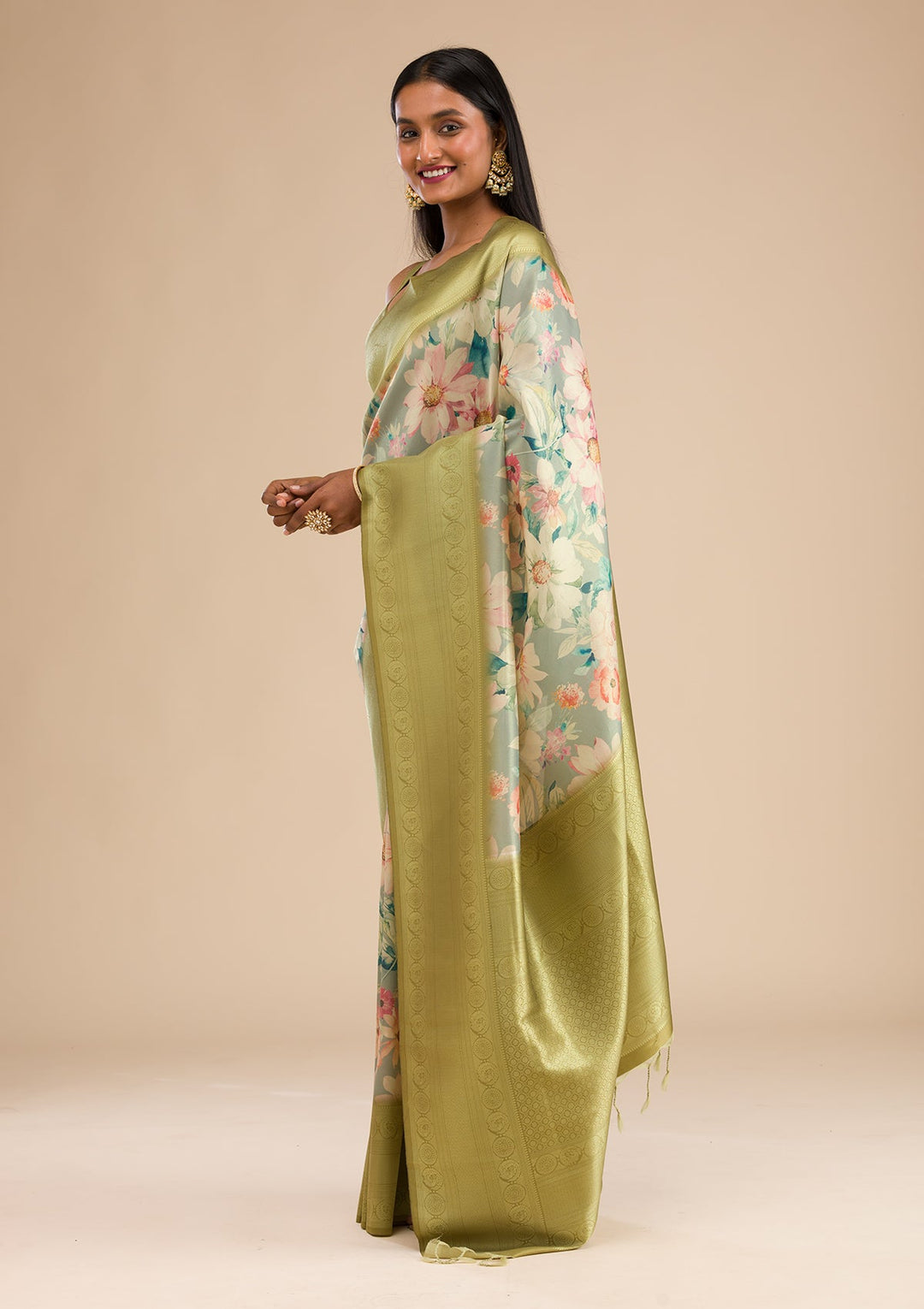 Light Grey Printed Soft Silk Saree-Koskii