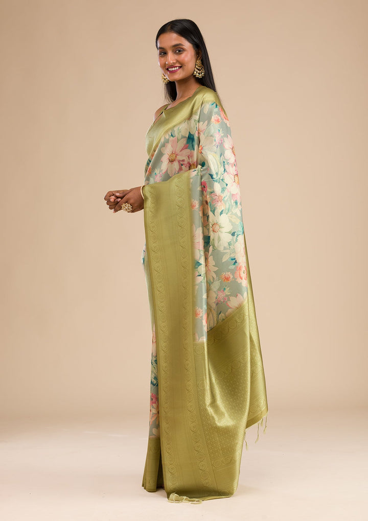 Light Grey Printed Soft Silk Saree-Koskii